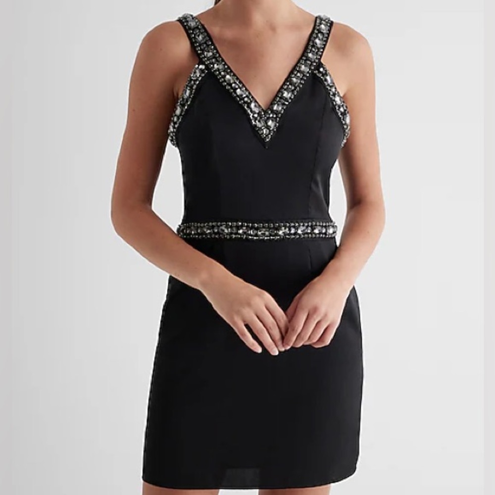 Embellished V-Neck Mini Sheath Dress